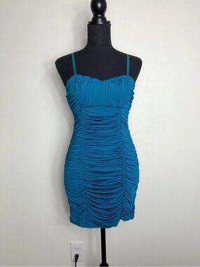 Bebe Peacock Teal Ruched Mini Cocktail Dress NWOT